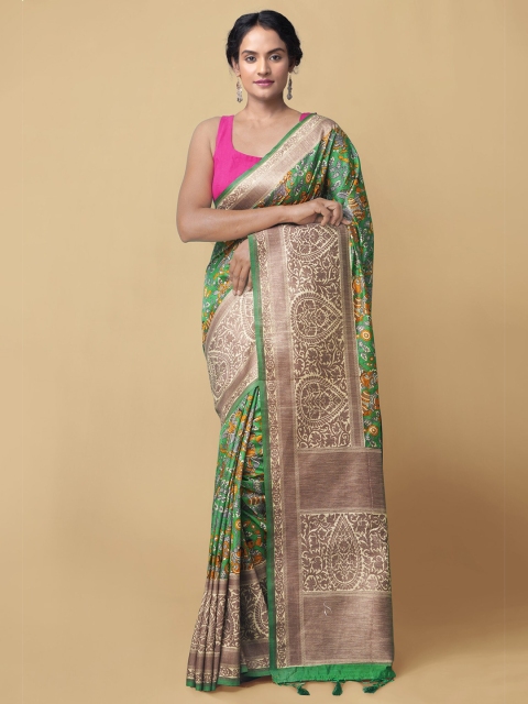 

Unnati Silks Green & Beige Woven Design Silk Cotton Banarasi Saree
