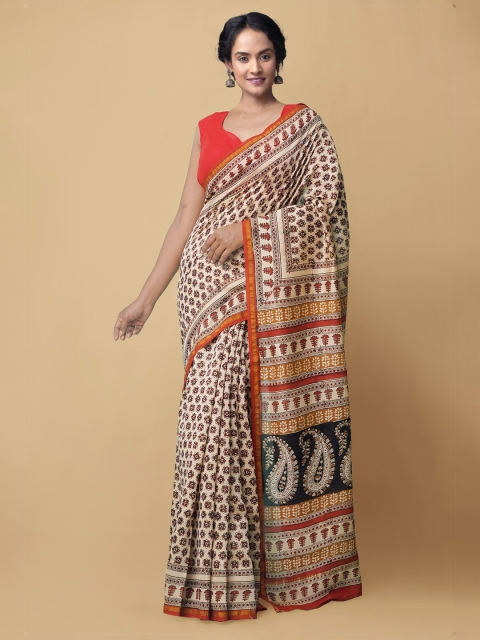 

Unnati Silks Beige & Black Tie and Dye Silk Cotton Bagru Saree
