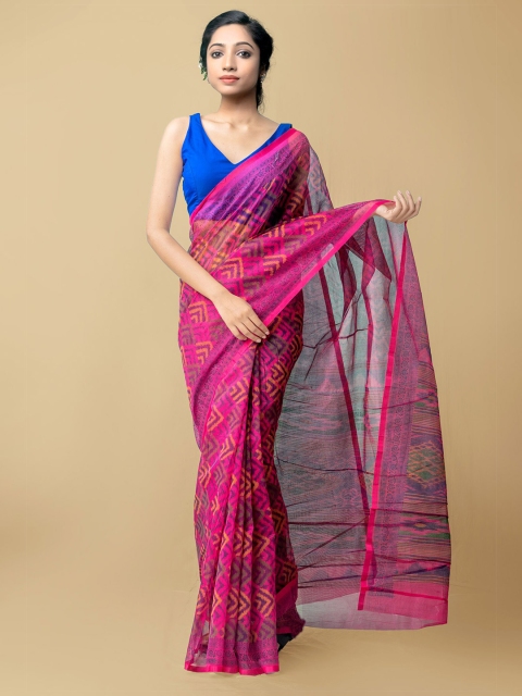 

Unnati Silks Pink & Blue Ethnic Motifs Supernet Block Print Saree