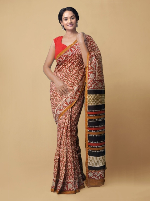 

Unnati Silks Red & Green Ethnic Motifs Zari Silk Cotton Bagru Saree
