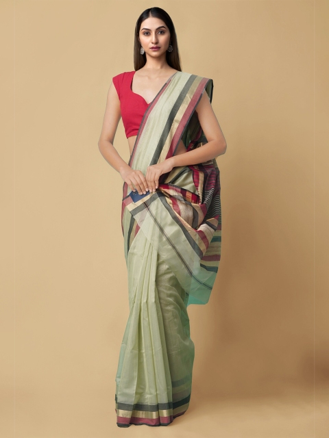

Unnati Silks Green Woven Design Zari Silk Cotton Maheshwari Saree