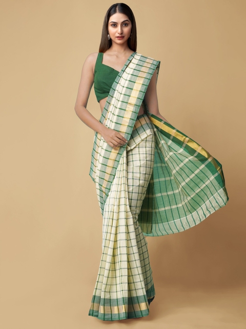 

Unnati Silks Cream-Coloured & Green Checked Zari Pure Cotton Mangalagiri Saree