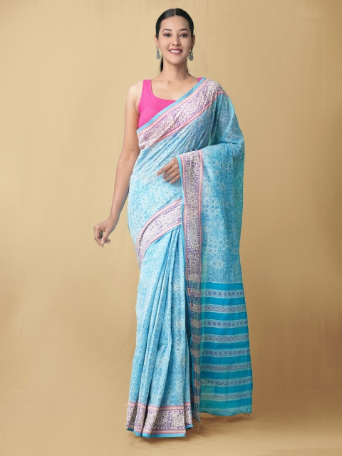 

Unnati Silks Blue & Pink Ethnic Motifs Kantha Work Pure Cotton Mangalagiri Saree