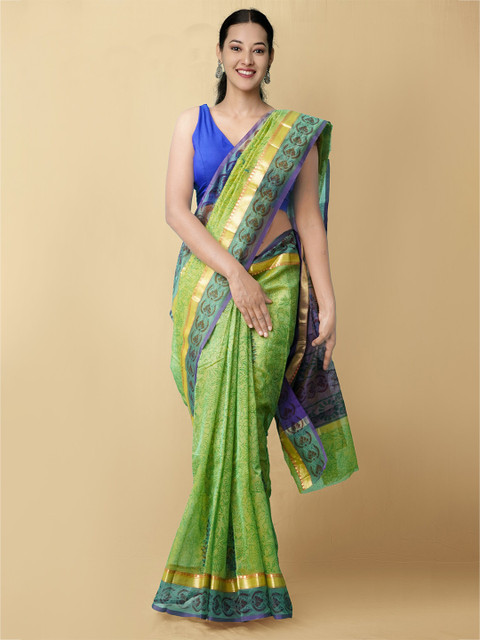 

Unnati Silks Green & Blue Ethnic Motifs Zari Supernet Block Print Saree