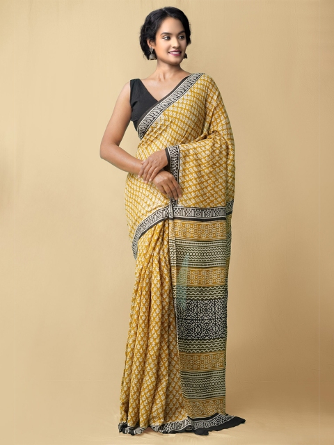 

Unnati Silks Brown & Black Ethnic Motifs Pure Cotton Bagru Saree