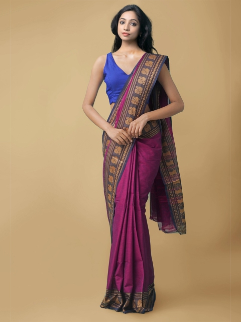 

Unnati Silks Purple & Navy Blue Pure Cotton Chettinad Saree