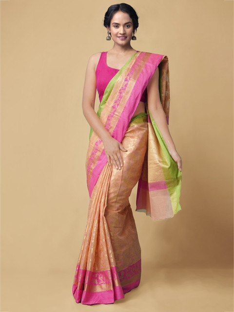

Unnati Silks Pink & Coral Woven Design Zari Silk Cotton Kota Saree