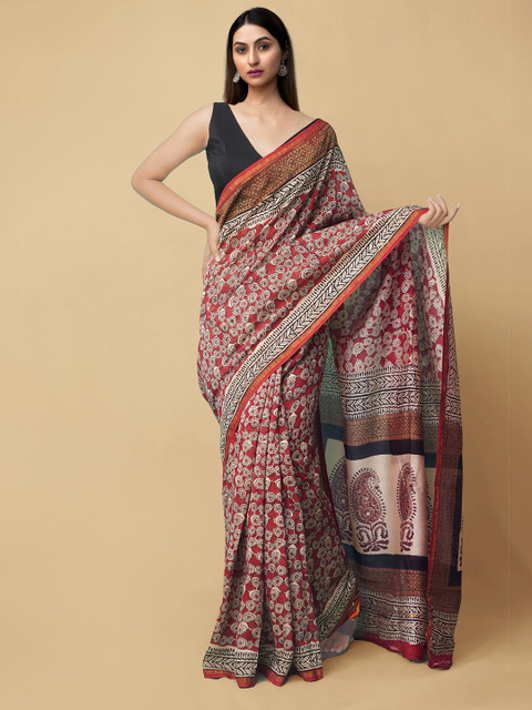 

Unnati Silks Red Ethnic Motifs Zari Silk Cotton Bagru Saree