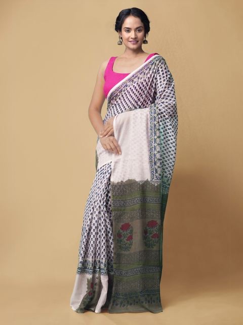 

Unnati Silks Cream-Coloured & Blue Ethnic Motifs Pure Cotton Kota Saree