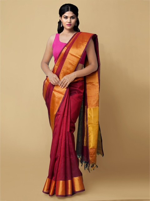 

Unnati Silks Maroon & Gold-Toned Silk Cotton Kanjeevaram Saree