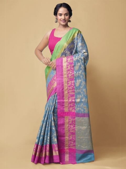 

Unnati Silks Blue & Pink Ethnic Motifs Zari Silk Cotton Kota Saree