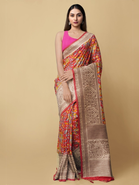 

Unnati Silks Red & Beige Floral Printed Silk Cotton Banarasi Saree