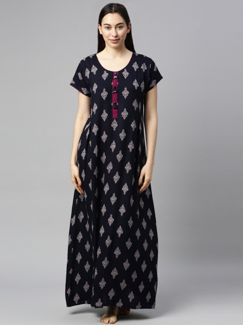 

GOLDSTROMS Women Navy Blue Ethnic Motifs Printed Pure Cotton Maxi Nightdress