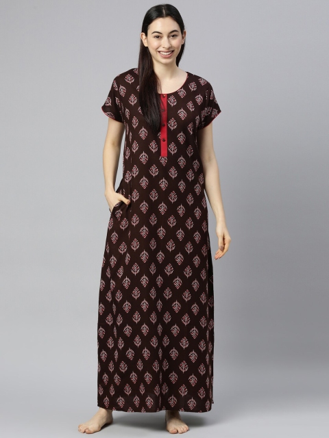 

GOLDSTROMS Women Coffee Brown Printed Cotton Night Dress