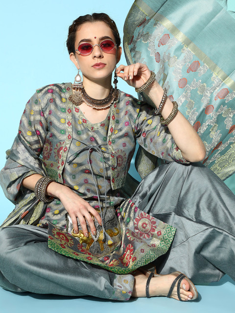

Chhabra 555 Women Grey Woven Design Banarasi Made to Measure Kurta with Salwar & Dupatta