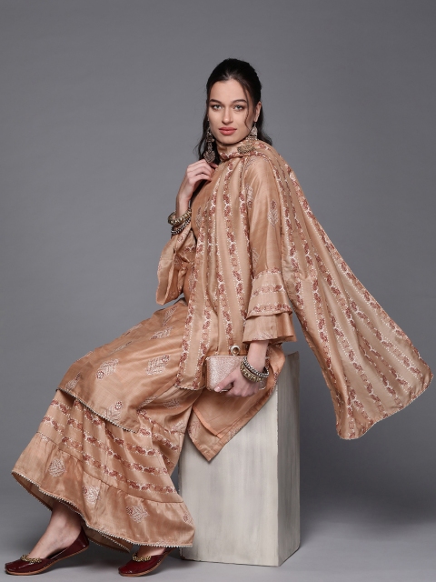 

Chhabra 555 Women Peach Ethnic Motifs Printed Chanderi Silk Kurta with Sharara & Dupatta