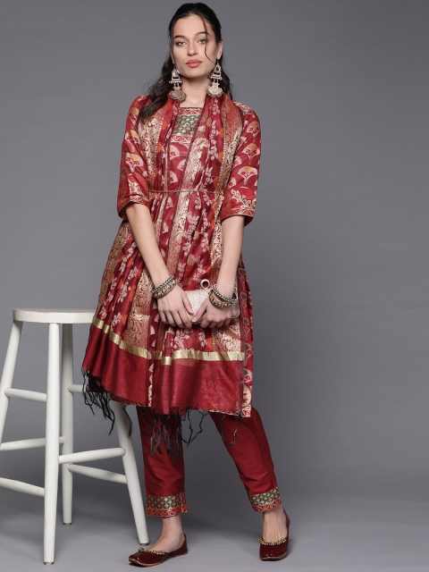 

Chhabra 555 Women Maroon Woven Design Kurta with Trousers & Dupatta