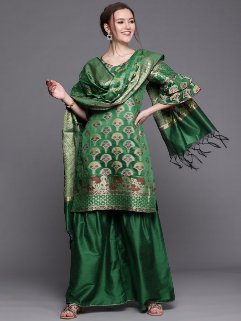 

Chhabra 555 Green & Gold Banarasi Jacquard Made to Measure Kurta Sharara Dupatta