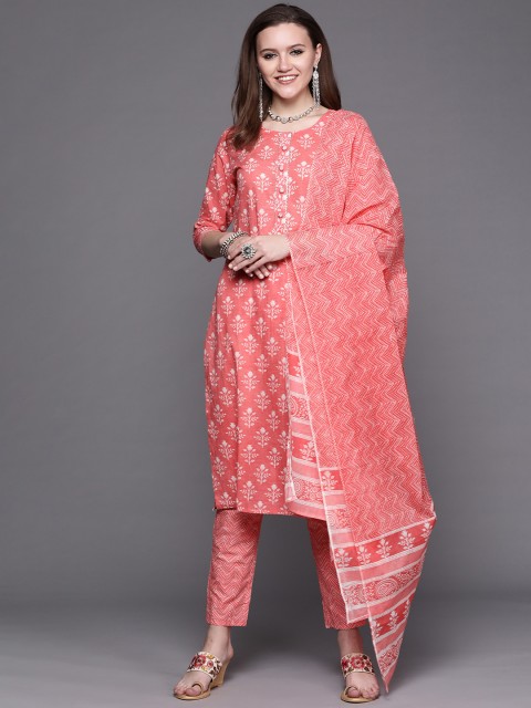 

Chhabra 555 Women Coral Pink Printed Pure Cotton Kurta with Trousers & With Dupatta