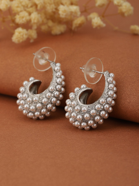 

Carlton London Silver-Toned & Off-White Rhodium-Plated Beaded Contemporary Drop Earrings