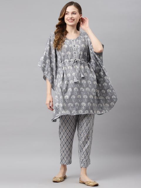 

Readiprint Fashions Women Grey & White Modal Floral Print Kaftan with Trousers