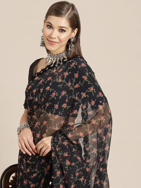 

Tikhi Imli Black & Red Floral Mirror Work Saree