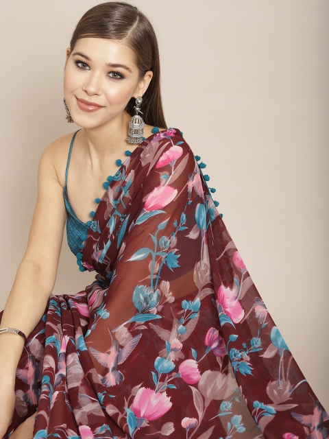 

Tikhi Imli Coffee Brown & Pink Floral Print Pom-Pom Saree