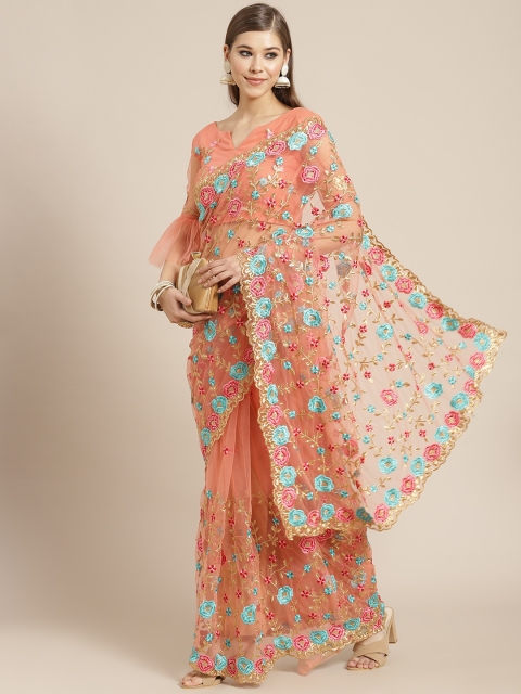 

Tikhi Imli Women Peach-Coloured & Sea Green Floral Embroidered Net Heavy Work Saree