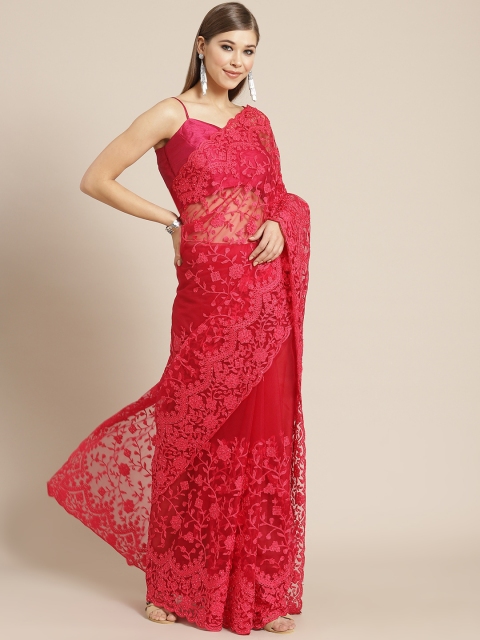 

Tikhi Imli Women Pink Floral Embroidered Net Saree