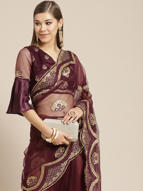 

Tikhi Imli Burgundy & Gold Ethnic Motifs Embroidered Net Heavy Work Saree