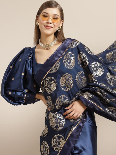 

Tikhi Imli Navy Blue & Gold Ethnic Motifs Sequinned Brocade Saree
