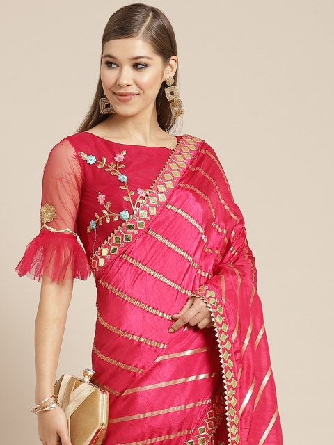 

Tikhi Imli Women Pink & Golden Leheriya Saree