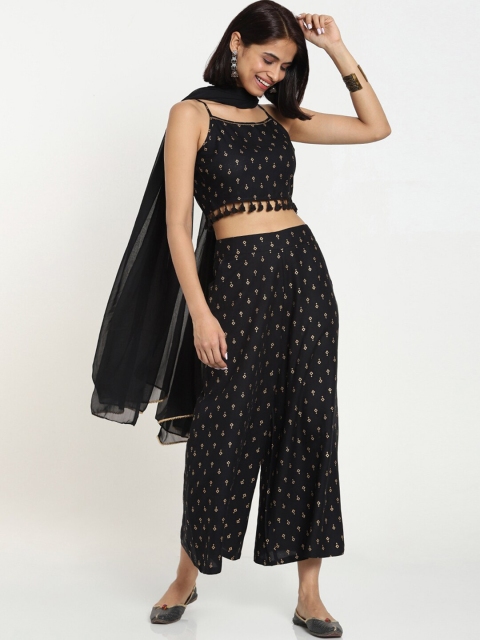 

Bewakoof Women Black & Gold-Toned Printed Top with Palazzos
