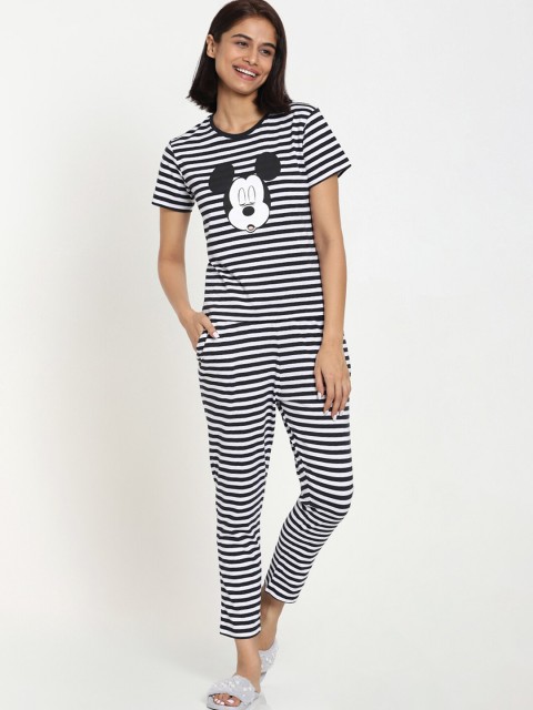 

Bewakoof Women White & Black Pure Cotton Striped T-shirt with Pyjamas
