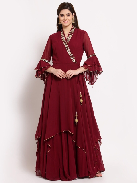 

KHALOM Maroon Layered Georgette Ethnic Maxi Dress