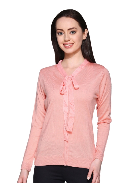 

Club York Women Pink Solid Acrylic Cardigan Sweater with Tie-Up Neck