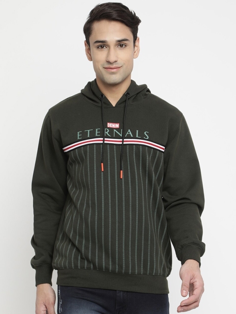 

V2 Value & Variety Men Olive Green Striped Hooded Sweatshirt