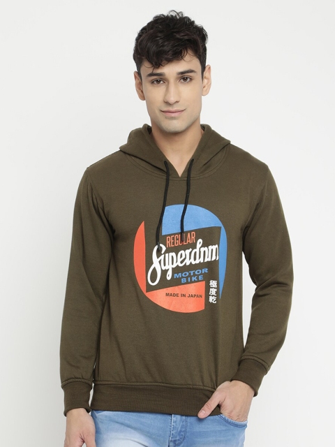 

V2 Value & Variety Men Olive Green Fleece Printed Hooded Sweatshirt