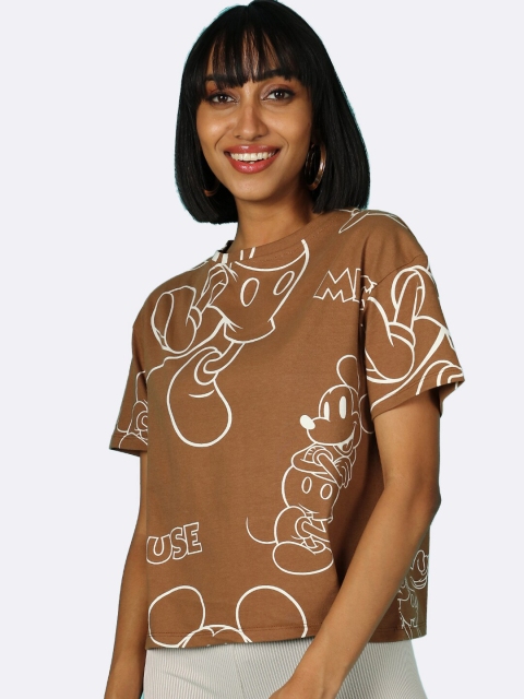 

Bewakoof Women Brown & White Mickey Mouse Printed Pure Cotton T-shirt