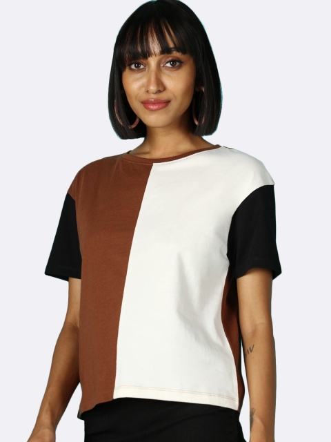 

Bewakoof Women Brown Colourblocked Pockets T-shirt
