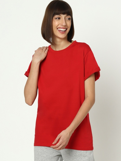 

Bewakoof Women Red & White Drop-Shoulder Sleeves Pure Cotton T-shirt