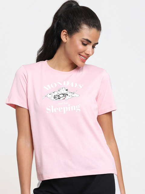 

Bewakoof Women Pink & White Typography Printed Pure Cotton Lounge T-shirt