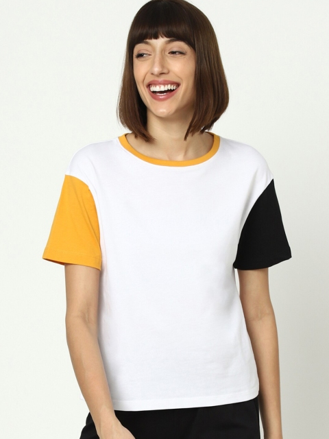 

Bewakoof Women White Colourblocked V-Neck Extended Sleeves Raw Edge T-shirt