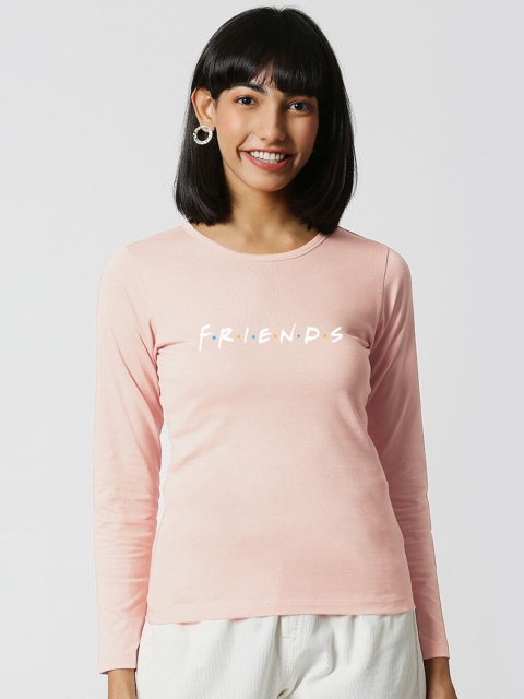 

Bewakoof Women Pink & White Friends Printed Slim Fit Pure Cotton T-shirt