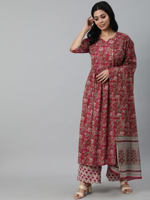 

Nayo Women Burgundy Ethnic Motifs Striped Empire Pure Cotton Kurti with Trousers