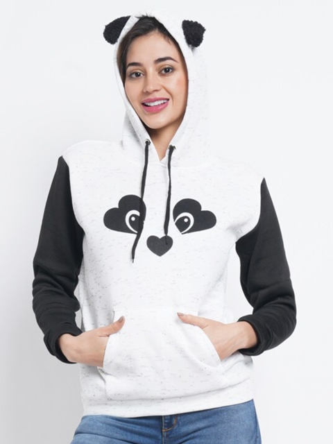 

Purple State Women White & Black Printed Hooded Sweatshirt
