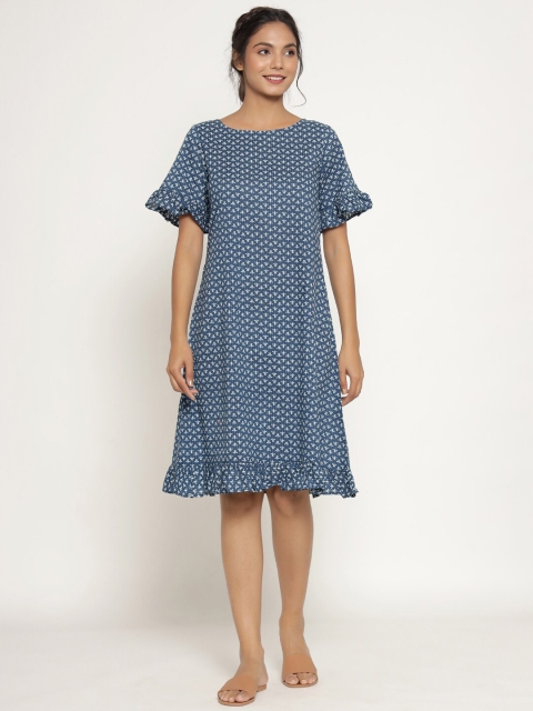 

JISORA Blue Printed Pure Cotton T-shirt Nightdress