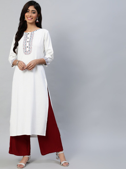 

Nayo Women Off White Yoke Design Embroidered Straight Thread Work Kurta