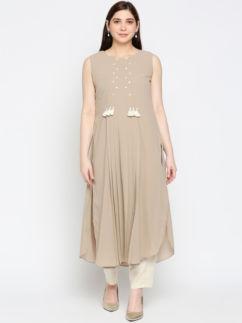 

Kuber Studio Women Beige Pleated Kurta with Trousers