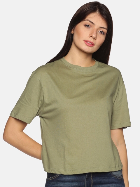 

BEVERLY BLUES Women Olive Green Drop-Shoulder Sleeves Boxy T-shirt